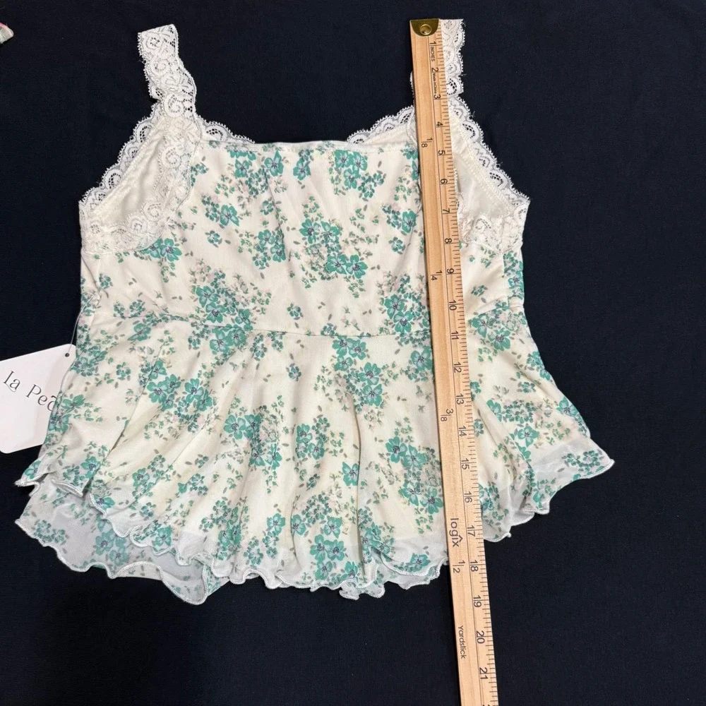 La Peche Floral Babydoll Camisole Womens Medium Cream Green Lace Trim Mesh - Picture 8 of 9